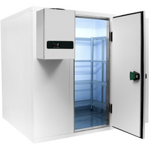 Charger l'image dans la galerie, Chambre froide positive +2°C/+8°C avec groupe de refroidissement sac à dos - 1,43 x 2,03 m - hauteur: 2,23 m - 4,57 m³ - Avec étagères