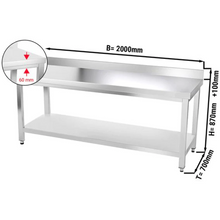 Charger l'image dans la galerie, Table de travail inox PREMIUM 2,0 m - Avec étagère basse