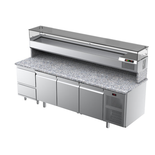 ILSA - Table à pizza 3 portes sur roulettes EN60x40 pour bacs à pâtons + 2 tiroirs neutres - Saladette GN 1/3