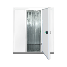 Charger l&#39;image dans la galerie, Chambre froide négative -18°C/-20°C avec groupe de refroidissement sac à dos - 2,03 x 1,83 m - hauteur: 2,23 m - 6,06 m³ - Avec étagères et rideau à lanières
