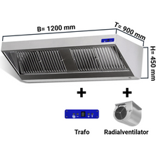 Cargue la imagen en la galería, Hotte murale à snacker dynamique 1,2 m - Avec moteur, variateur, filtres et lampe
