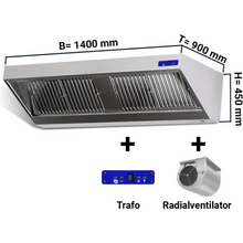 Cargue la imagen en la galería, Hotte murale à snacker dynamique 1,4 m - Avec moteur, variateur, filtres et lampe
