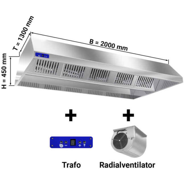 Hotte de plafond largeur1300 dynamique 2,0 m - avec moteur, variateur, filtre et lampe