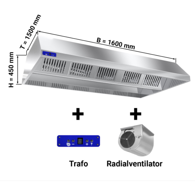 Hotte de plafond dynamique 1,6 m - avec moteur, variateur, filtre et lampe