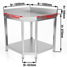 Charger l&#39;image dans la galerie, Table de travail d&#39;angle en inox - 1,0 x 0,7 m - avec base et dosseret
