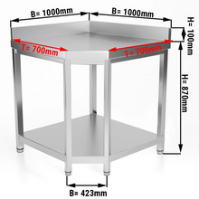 Cargue la imagen en la galería, Table de travail d&#39;angle en inox - 1,0 x 0,7 m - avec base et dosseret
