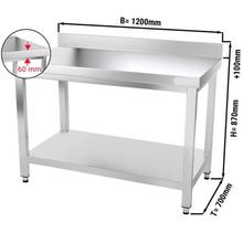 Görseli Galeri görüntüleyiciye yükleyin, Table de travail inox PREMIUM 1,2 m - Avec étagère basse
