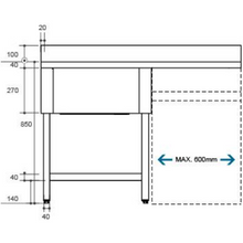 Load image into Gallery viewer, Table de plonge lave-vaisselle rinçage - Bac à gauche - 1,2 m
