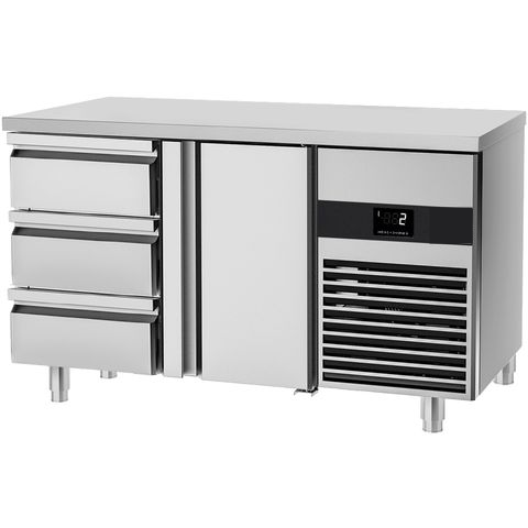 Table réfrigérée positive PREMIUM - 1,4 x 0,7 m - avec 1 porte & 3 tiroirs 1/3 - GN 1/1