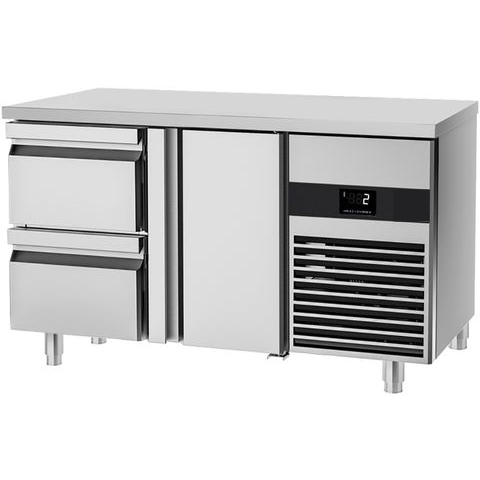 Table réfrigérée positive PREMIUM - 1,4 x 0,7 m - avec 1 porte & 2 tiroirs 1/2 - GN 1/1