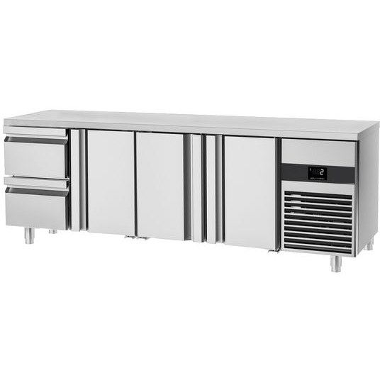Table réfrigérée positive PREMIUM- 2,3 x 0,7 m - avec 3 portes & 2 tiroirs 1/2 - GN 1/1