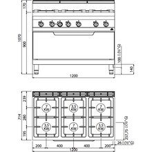 Cargue la imagen en la galería, BERTO&#39;S - Cuisinière à gaz - 6 feux 31,5 kw + 12 Kw + four à gaz GN 3/1
